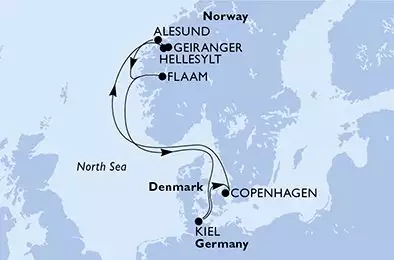 MSC EURIBIA - útvonalterv 7 éjszaka indulás Copenhagen Denmark kelt 16/08/2026 - Denmark,Norway,Germany