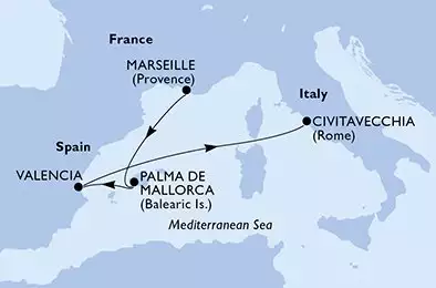 MSC LIRICA - útvonalterv 4 éjszaka indulás Marsella (Provenza) Francia kelt 03/04/2025 - Marseille,Palma de Mallorca,Valencia,Civitavecchia