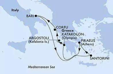 MSC SINFONIA - útvonalterv 7 éjszaka indulás Bari Italy kelt 18/07/2026 - Bari,Santorini,Piraeus,Katakolon,Cefalonia,Corfu,Bari