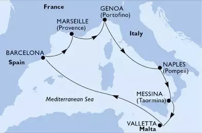 MSC WORLD EUROPA - útvonalterv 7 éjszaka indulás Valletta Malta kelt 06/05/2026 - Valletta,Barcelona,Marseille,Genoa,Naples,Messina,Valletta