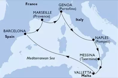 MSC WORLD EUROPA - útvonalterv 7 éjszaka indulás Marsiglia (Provenza) Francia kelt 13/06/2026 - Marseille,Genoa,Naples,Messina,Valletta,Barcelona,Marseille