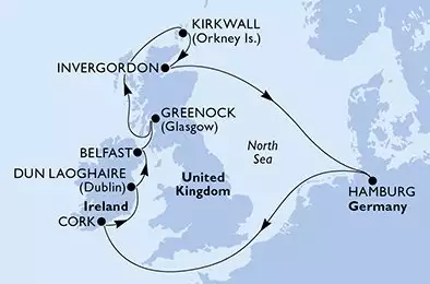 MSC PREZIOSA - útvonalterv 10 éjszaka indulás HamburgGermany kelt 10/05/2026 - Hamburg,Cork,Dun Laoghaire,Belfast,Greenock,Kirkwall,Invergordon,Hamburg