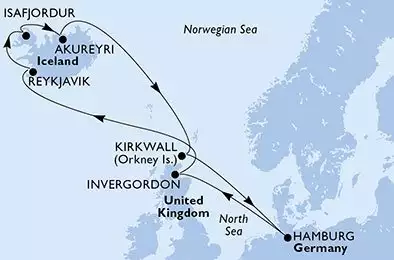 MSC PREZIOSA - útvonalterv 11 éjszaka indulás HamburgGermany kelt 20/05/2026 - Hamburg,Invergordon,Reykjavik,Isafjordur,Akureyri,Kirkwall,Hamburg