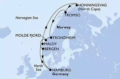 MSC PREZIOSA - útvonalterv 11 éjszaka indulás HamburgGermany kelt 31/05/2026 - Hamburg,Maloy,Honningsvag,Tromso,Trondheim,Molde Fjord,Bergen,Hamburg