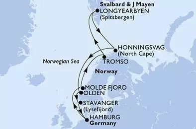 MSC PREZIOSA - útvonalterv 14 éjszaka indulás HamburgGermany kelt 22/06/2026 - Hamburg,Molde Fjord,Tromso,Longyearbyen,Honningsvag,Olden,Stavanger,Hamburg