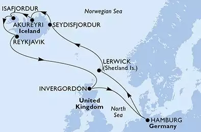 MSC PREZIOSA - útvonalterv 12 éjszaka indulás HamburgGermany kelt 28/07/2026 - Hamburg,Lerwick,Seydisfjordur,Akureyri,Isafjordur,Reykjavik,Invergordon,Hamburg