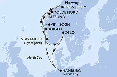MSC PREZIOSA - útvonalterv 11 éjszaka indulás HamburgGermany kelt 13/09/2026 - Hamburg,Bergen,Molde Fjord,Trondheim,Alesund,Vik i Sogn,Stavanger,Oslo,Hamburg