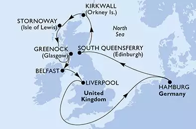 MSC PREZIOSA - útvonalterv 10 éjszaka indulás HamburgGermany kelt 24/09/2026 - Hamburg,South Queensferry,Kirkwall,Stornoway,Greenock,Belfast,Liverpool,Hamburg