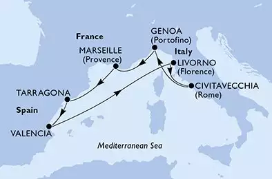 MSC SPLENDIDA - útvonalterv 7 éjszaka indulás Genoa Italy kelt 14/05/2025 - Genoa,Marseille,Tarragona,Valencia,Livorno,Civitavecchia,Genoa