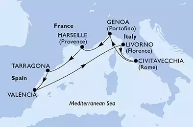 MSC SPLENDIDA - útvonalterv 7 éjszaka indulás Tarragona Spain kelt 18/07/2025 - Tarragona,Valencia,Livorno,Civitavecchia,Genoa,Marseille,Tarragona