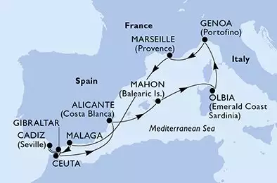 MSC MUSICA - útvonalterv 10 éjszaka indulás Malaga Spain kelt 19/04/2025 - Malaga,Cadiz,Gibraltar,Ceuta,Alicante,Mahon,Olbia,Genoa,Marseille,Malaga
