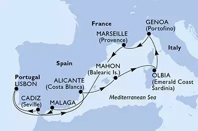 MSC MUSICA - útvonalterv 10 éjszaka indulás Alicante Spain kelt 23/04/2025 - Alicante,Mahon,Olbia,Genoa,Marseille,Malaga,Cadiz,Lisbon,Alicante