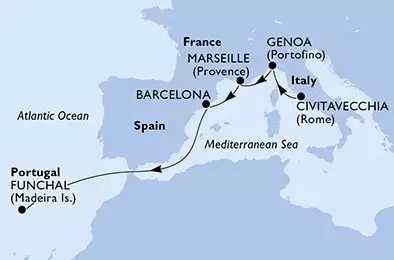 MSC POESIA - útvonalterv 6 éjszaka indulás Civitavecchia (Rome) Italy kelt 06/04/2026 - Civitavecchia,Genoa,Marseille,Barcelona,Funchal