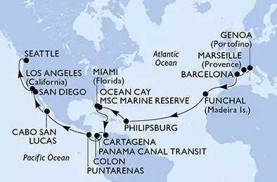 MSC POESIA - útvonalterv 34 éjszaka indulás Génova (Portofino) Italia kelt 07/04/2026 - Genoa,Marseille,Barcelona,Funchal,Philipsburg,Ocean Cay,Miami,Miami,Cartagena,Colon,CTB-Panama Canal,BLB-Panam Canal,Puntarenas,Cabo San Lucas,San Diego,Los Angeles,Seattle