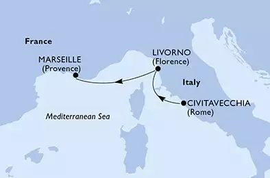 MSC LIRICA - útvonalterv 2 éjszaka indulás Civitavecchia (Rome) Italy kelt 01/04/2025 - Civitavecchia,Livorno,Marseille
