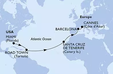 MSC DIVINA - útvonalterv 14 éjszaka indulás Miami United States kelt 09/04/2026 - United States,Virgin Islands (British),Spain,France