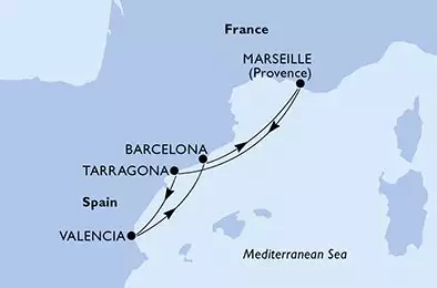 MSC SPLENDIDA - útvonalterv 4 éjszaka indulás Marsiglia (Provenza) Francia kelt 16/10/2025 - Marseille,Tarragona,Valencia,Barcelona,Marseille