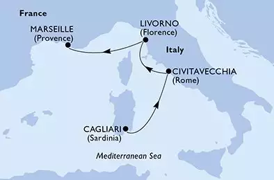 MSC LIRICA - útvonalterv 3 éjszaka indulás Cagliari (Sardinia) Italy kelt 31/03/2025 - Cagliari,Civitavecchia,Livorno,Marseille