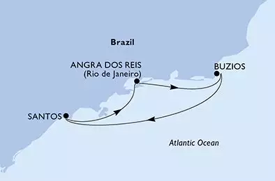 MSC PREZIOSA - útvonalterv 4 éjszaka indulás Santos Brazil kelt 19/12/2025 - Santos,Angra dos Reis,Buzios,Santos