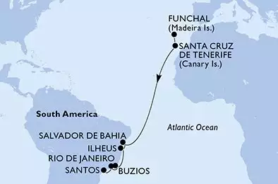 MSC PREZIOSA - útvonalterv 13 éjszaka indulás Funchal (Madeira Is.) Portugal kelt 13/10/2025 - Funchal,Santa Cruz de Tenerife,Salvador,Ilheus,Buzios,Rio de Janeiro,Santos