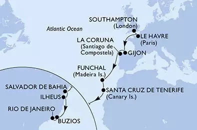MSC PREZIOSA - útvonalterv 18 éjszaka indulás Southampton United Kingdom kelt 07/10/2025 - Southampton,Le Havre,Gijon,La Coruna,Funchal,Santa Cruz de Tenerife,Salvador,Ilheus,Buzios,Rio de Janeiro