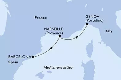 MSC FANTASIA - útvonalterv 2 éjszaka indulás Barcelone Espagne kelt 11/04/2026 - Spain,France,Italy