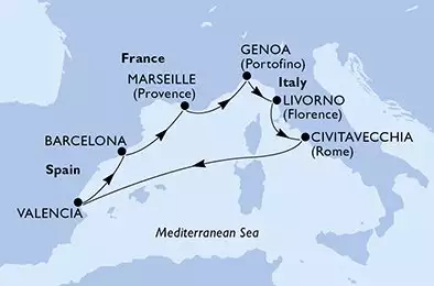 MSC ORCHESTRA  - útvonalterv 7 éjszaka indulás Genoa (Portofino) Italy kelt 24/02/2026 - Genoa,Livorno,Civitavecchia,Valencia,Barcelona,Marseille,Genoa