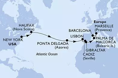 MSC MERAVIGLIA - útvonalterv 16 éjszaka indulás New York United States kelt 19/04/2026 - United States,Canada,Portugal,Spain,Gibraltar,France