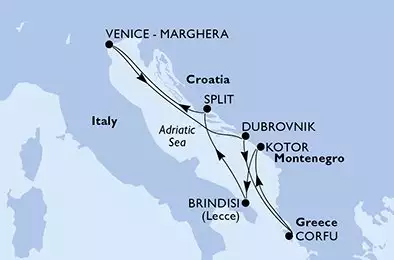 MSC ARMONIA - útvonalterv 7 éjszaka indulás Venice - Marghera Italy kelt 04/10/2026 - Italy,Croatia,Greece,Montenegro
