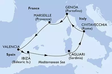 MSC MUSICA - útvonalterv 7 éjszaka indulás Marsella (Provenza) Francia kelt 10/06/2026 - France,Spain,Italy