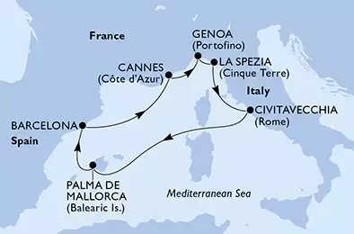 MSC GRANDIOSA - útvonalterv 7 éjszaka indulás Cannes (Côte d Azur) France kelt 14/06/2026 - Cannes,Genoa,La Spezia,Civitavecchia,Palma de Mallorca,Barcelona,Cannes