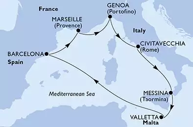 MSC WORLD ASIA - útvonalterv 7 éjszaka indulás Genua (Portofino) Italien kelt 31/01/2027 - Genoa,Civitavecchia,Messina,Valletta,Barcelona,Marseille,Genoa