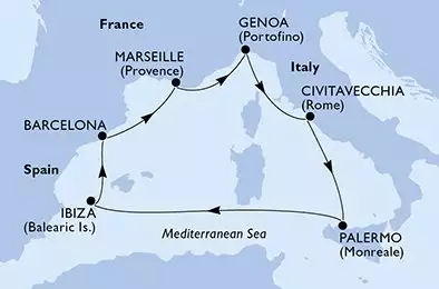 MSC SEAVIEW - útvonalterv 7 éjszaka indulás Barcelone Espagne kelt 10/09/2026 - Spain,France,Italy
