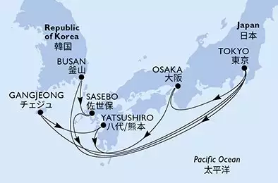 MSC BELLISSIMA - útvonalterv 12 éjszaka indulás Tokyo Japan kelt 13/10/2025 - Tokyo,Osaka,Osaka,Gangjeong,Yatsushiro,Tokyo,Busan,Sasebo,Tokyo