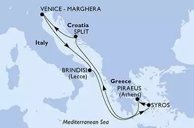 MSC ARMONIA - útvonalterv 7 éjszaka indulás Venice - Marghera Italy kelt 13/07/2025 - Italy,Greece,Croatia
