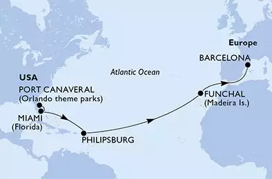 MSC GRANDIOSA - útvonalterv 14 éjszaka indulás PortCanaveral United States kelt 18/04/2026 - United States,Netherlands Antilles,Portugal,Spain