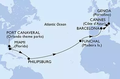MSC GRANDIOSA - útvonalterv 16 éjszaka indulás PortCanaveral United States kelt 18/04/2026 - United States,Netherlands Antilles,Portugal,Spain,France,Italy
