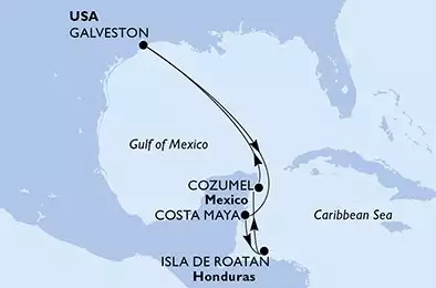 MSC SEASCAPE - útvonalterv 7 éjszaka indulás Galveston United States kelt 21/02/2027 - Galveston,Costa Maya,Isla de Roatan,Cozumel,Galveston