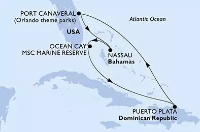 MSC GRANDIOSA - útvonalterv 7 éjszaka indulás PortCanaveral United States kelt 13/03/2027 - Port Canaveral,Nassau,Ocean Cay,Puerto Plata,Port Canaveral