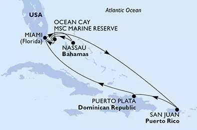 MSC SEASIDE - útvonalterv 10 éjszaka indulás Miami United States kelt 18/12/2026 - Miami,Nassau,Ocean Cay,Miami,Ocean Cay,San Juan,Puerto Plata,Miami