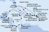 Miami,Charlotte Amalie,Basseterre,Philipsburg,St John s,San Juan,Puerto Plata,Miami,Ocho Rios,Cartagena,Colon,Puerto Limon,Isla de Roatan,Belize City,Miami