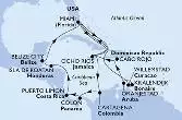 Miami,Ocho Rios,Cartagena,Colon,Puerto Limon,Isla de Roatan,Belize City,Miami,Willemstad,Kralendijk,Oranjestad,Cabo Rojo,Ocho Rios,Miami