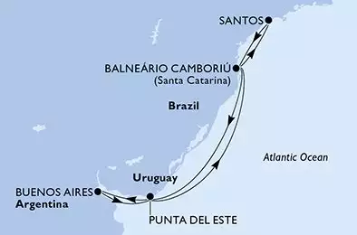 MSC PREZIOSA - útvonalterv 8 éjszaka indulás Buenos Aires Argentina kelt 21/01/2026 - Argentina,Uruguay,Brazil