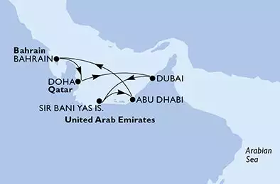 MSC WORLD EUROPA - útvonalterv 7 éjszaka indulás Dubai U. Arab Emirates kelt 02/01/2027 - Dubai,Sir Bani Yas,Abu Dhabi,Bahrain,Doha,Dubai