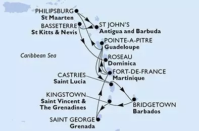 MSC SEAVIEW - útvonalterv 14 éjszaka indulás Bridgetown Barbados kelt 09/03/2027 - Bridgetown,Kingstown,Saint George,Fort de France,Pointe-a-Pitre,Philipsburg,St John s,Basseterre,Roseau,Fort de France,Pointe-a-Pitre,Castries,Bridgetown