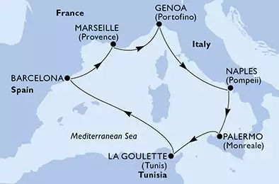 MSC EURIBIA - útvonalterv 7 éjszaka indulás Marsiglia (Provenza) Francia kelt 21/02/2027 - Marseille,Genoa,Naples,Palermo,La Goulette,Barcelona,Marseille