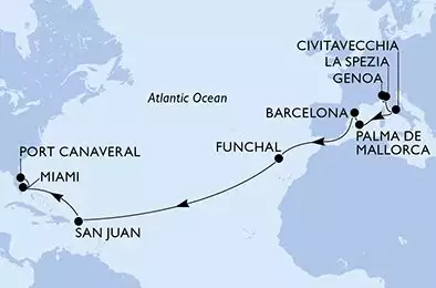 MSC GRANDIOSA - útvonalterv 19 éjszaka indulás Génova (Portofino) Italia kelt 26/10/2026 - Genoa,La Spezia,Civitavecchia,Palma de Mallorca,Barcelona,Funchal,San Juan,Miami,Port Canaveral