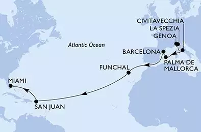 MSC GRANDIOSA - útvonalterv 18 éjszaka indulás Génova (Portofino) Italia kelt 26/10/2026 - Genoa,La Spezia,Civitavecchia,Palma de Mallorca,Barcelona,Funchal,San Juan,Miami