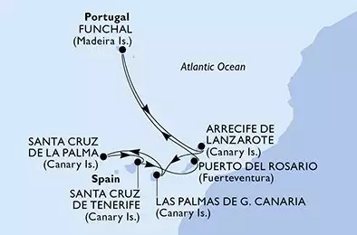 MSC FANTASIA - útvonalterv 7 éjszaka indulás Arrecife de Lanzarote (Canary Is.) Spain kelt 17/12/2026 - Arrecife de Lanzarote,Las Palmas de G.Canaria,Santa Cruz de La Palma,Santa Cruz de Tenerife,Puerto del Rosario,Funchal,Arrecife de Lanzarote