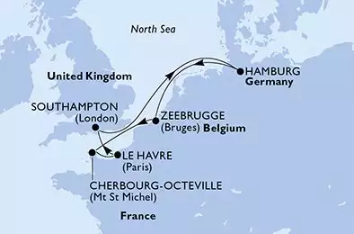 MSC PREZIOSA - útvonalterv 7 éjszaka indulás Le Havre (Paris) France kelt 10/12/2026 - Le Havre,Southampton,Hamburg,Zeebrugge,Cherbourg,Le Havre